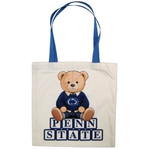 canvas tote with bear sitting on Penn State blocks
